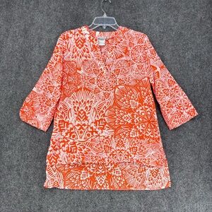 Finley Carley Orange & White Floral Resort Tunic Top Women’s XS Boho USA Made